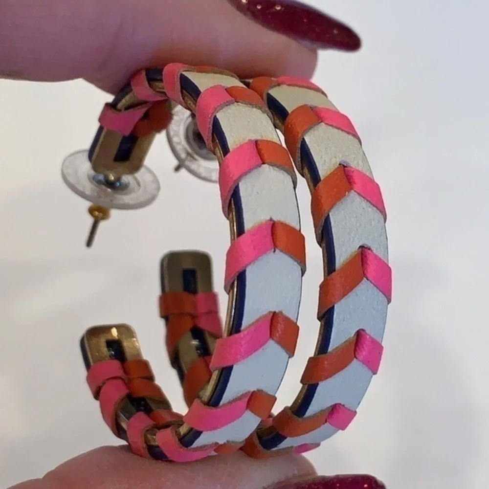 Stella and Dot corset leather hoops pink orange